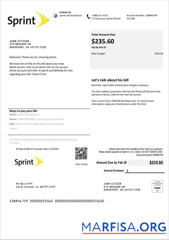 Downloadable USA Sprint (T Mobile) utility bill template in Word and PDF format